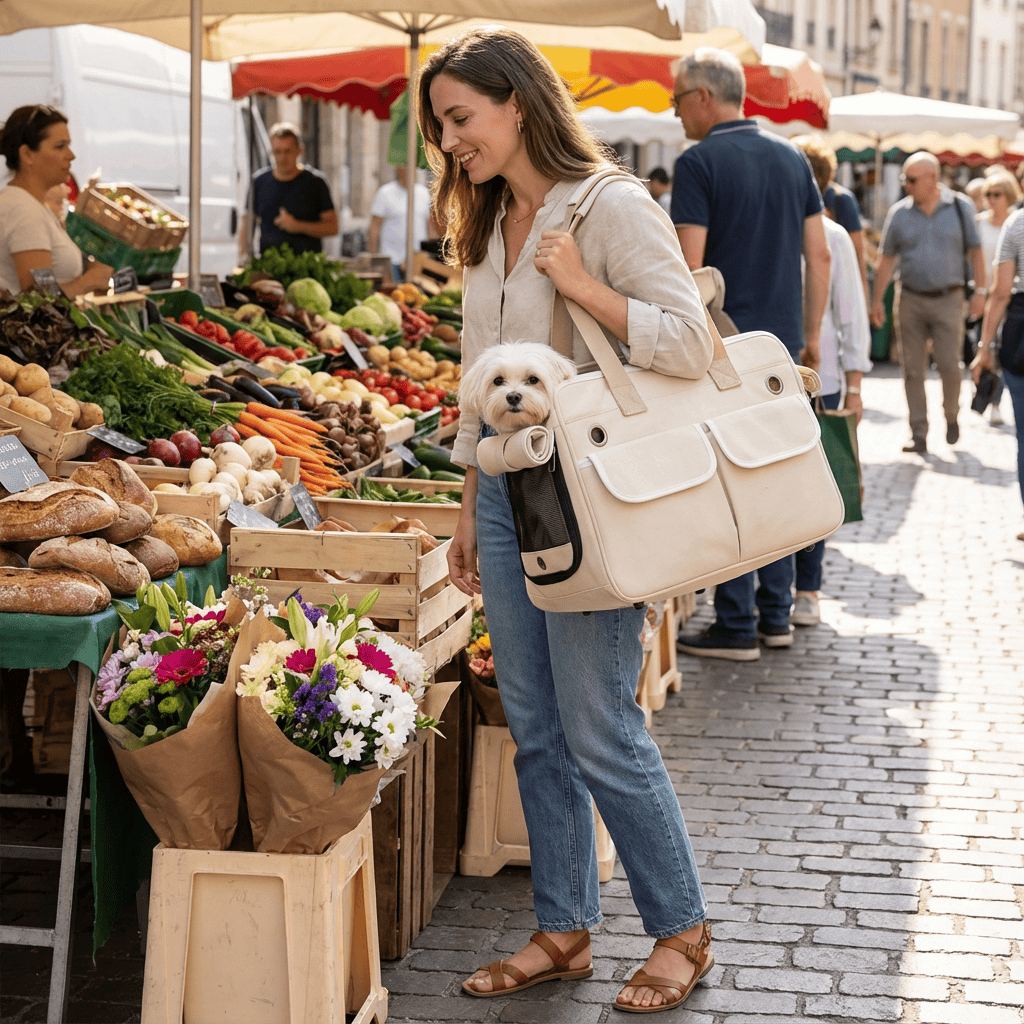 Woman carrying CozyCloud Soft-Sided Pet Carrier with small dog while shopping at a farmers market.