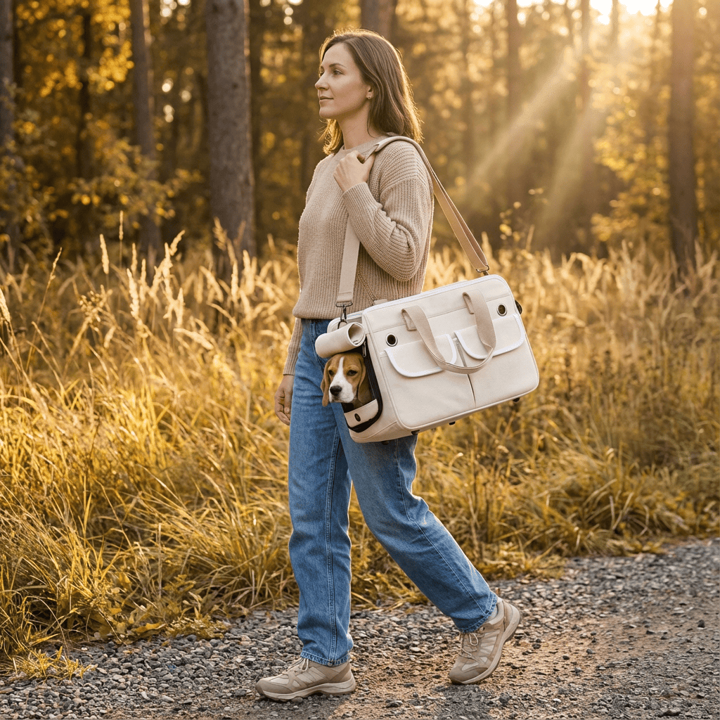 Woman walking with CozyCloud Soft-Sided Pet Carrier, safe and stylish choice for small dogs and cats.