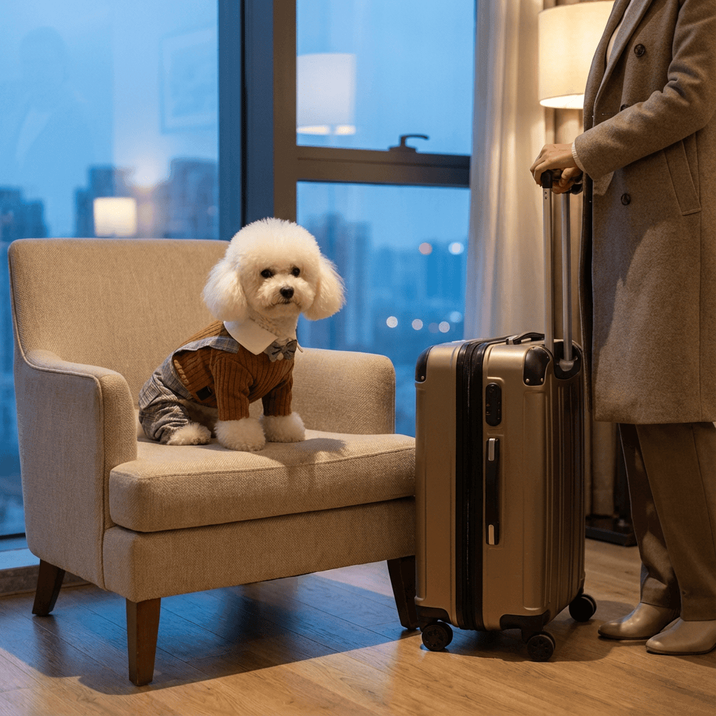 CozyPaws Knitted Dog Jumpsuit on stylish dog sitting in a chair beside a suitcase, perfect for travel.
