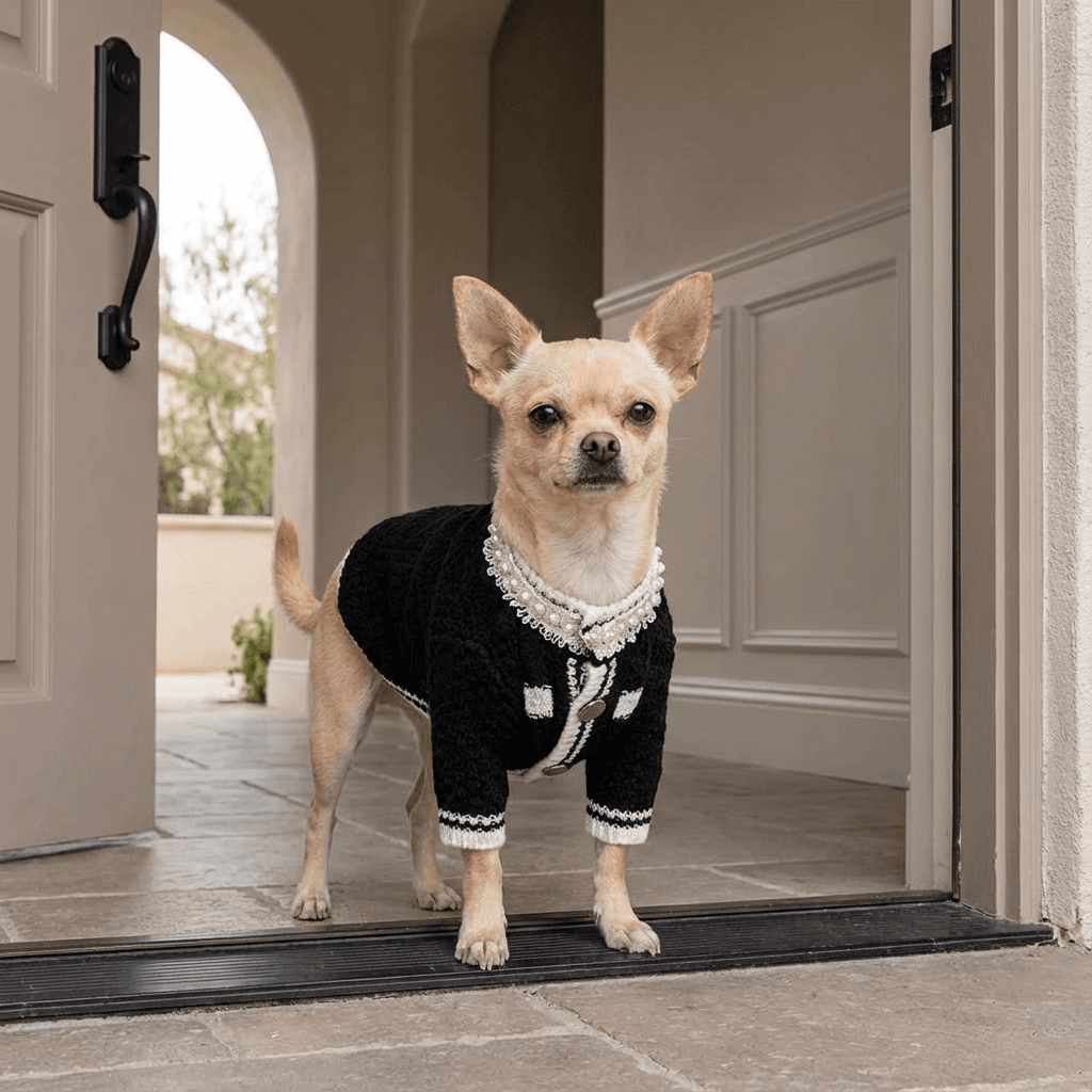 CozyPet Designer Sweater on a Chihuahua, stylish black sweater for dogs & cats with luxury features.