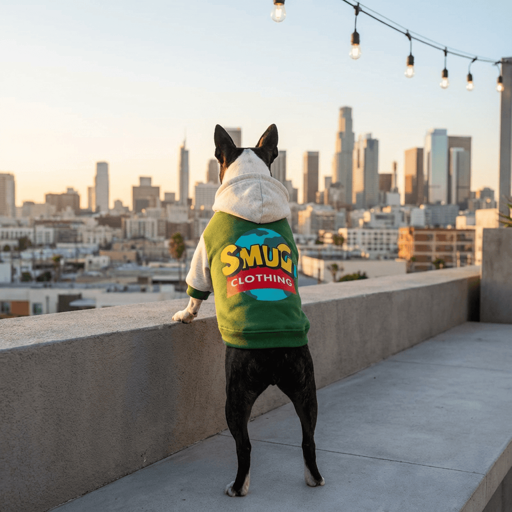 CozyPet Dog Hoodie on a dog overlooking city skyline, perfect for fall and winter style and warmth. Dogs & Cats brand.