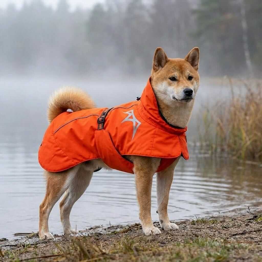 CozyShield Winter Dog Coat on a Shiba Inu by the water, featuring waterproof, windproof materials and reflective detailing.