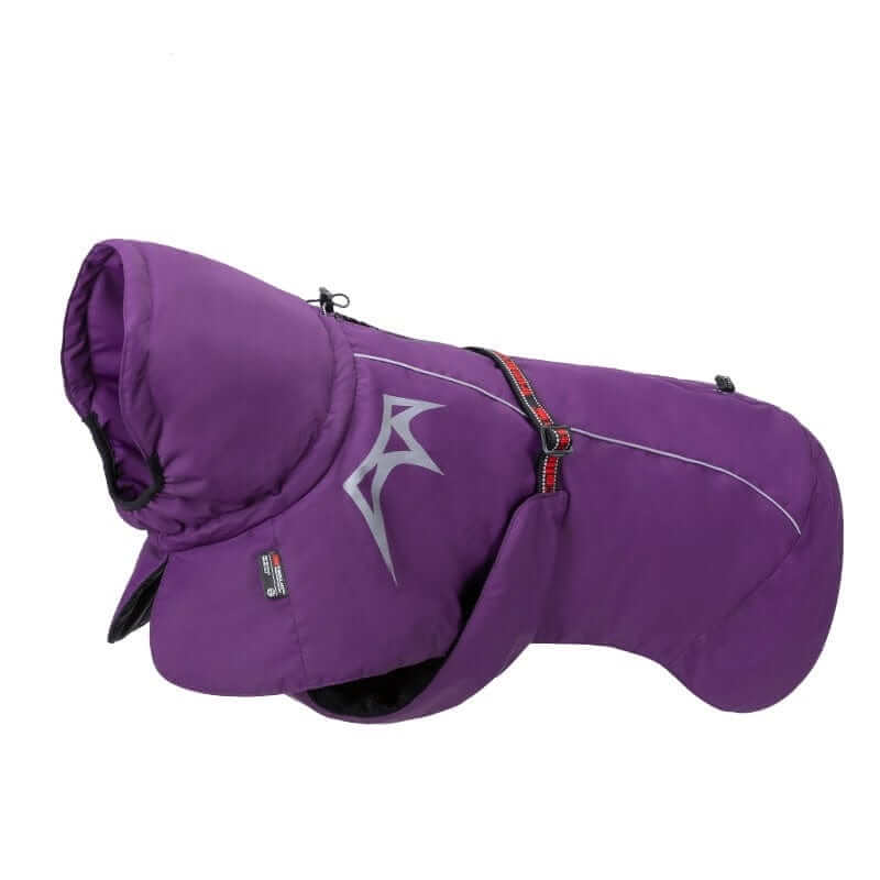 CozyShield Winter Dog Coat in purple, waterproof with reflective detailing for warmth and protection in winter for dogs