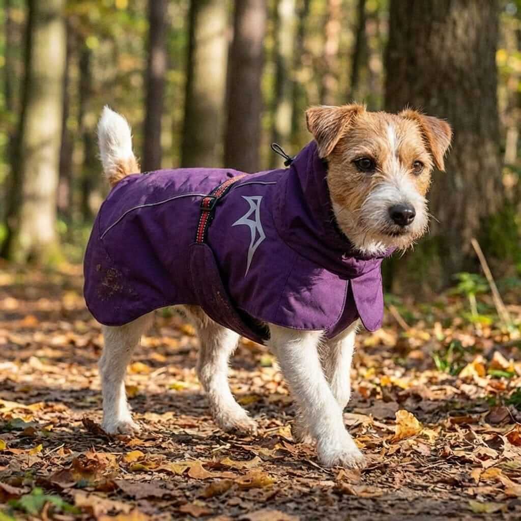CozyShield Winter Dog Coat on a dog outdoors, featuring waterproof material and reflective detailing for winter protection.