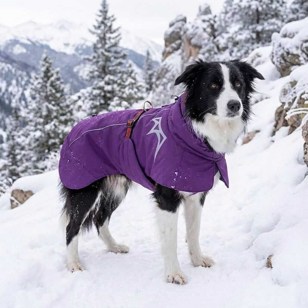 CozyShield Winter Dog Coat on a Border Collie, designed for extreme winter conditions and protection.