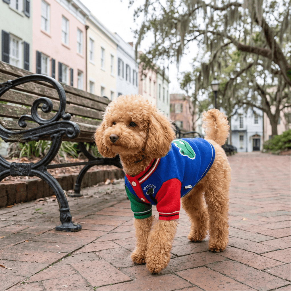 Crocodile Warm Dog Sweater on a poodle, features breathable materials, Dogs & Cats brand, perfect for cozy outings.