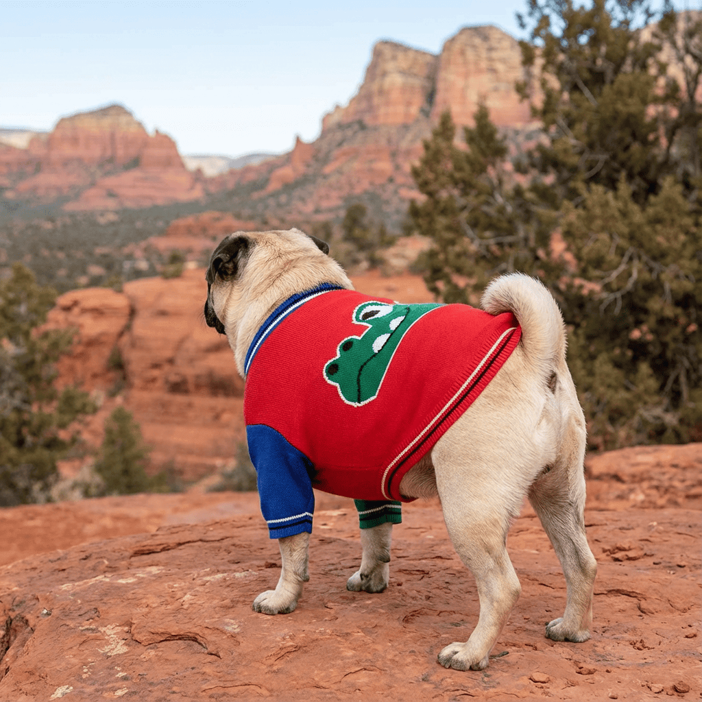 Crocodile Warm Dog Sweater on pug in scenic outdoor setting, featuring breathable lightweight wool material, Dogs & Cats brand.