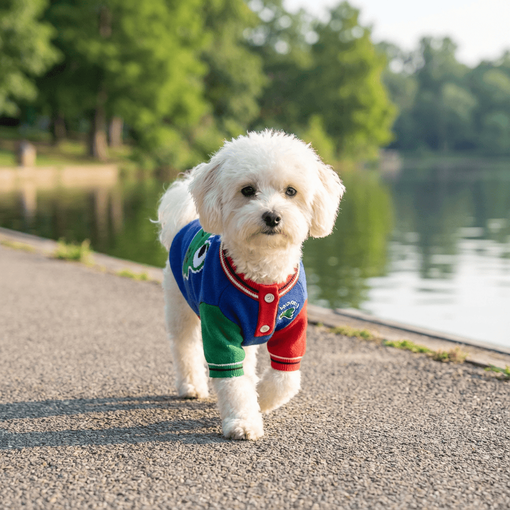 Crocodile Warm Dog Sweater on a small dog walking by a lake, featuring breathable and lightweight materials, perfect for dogs and cats.