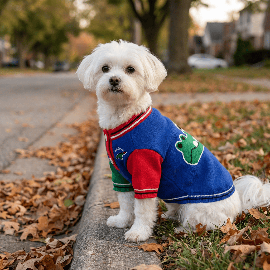 Crocodile Warm Dog Sweater on a small white dog outdoors; features breathable, lightweight wool for ultimate comfort.