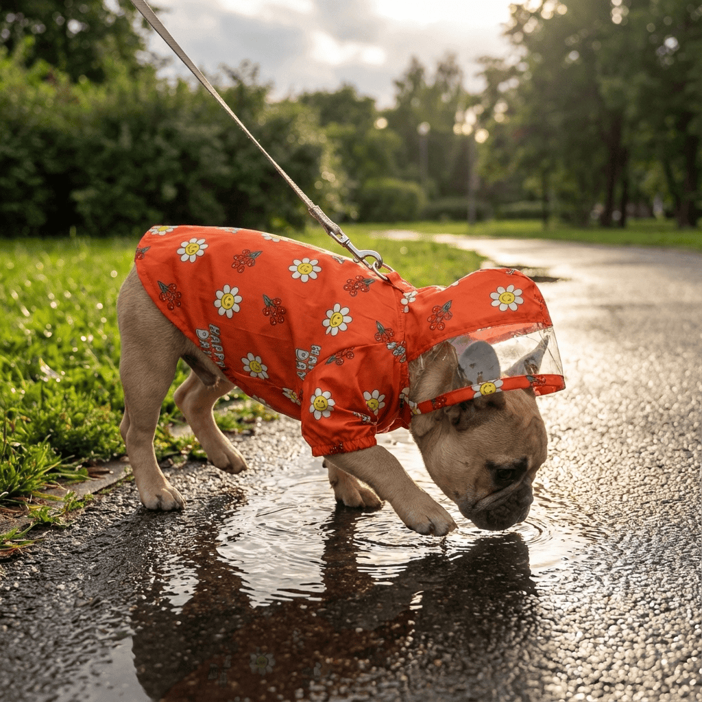 Dog wearing a Crystal Clear Hooded Dog Raincoat, stylish and functional for rainy walks. Dogs & Cats brand.