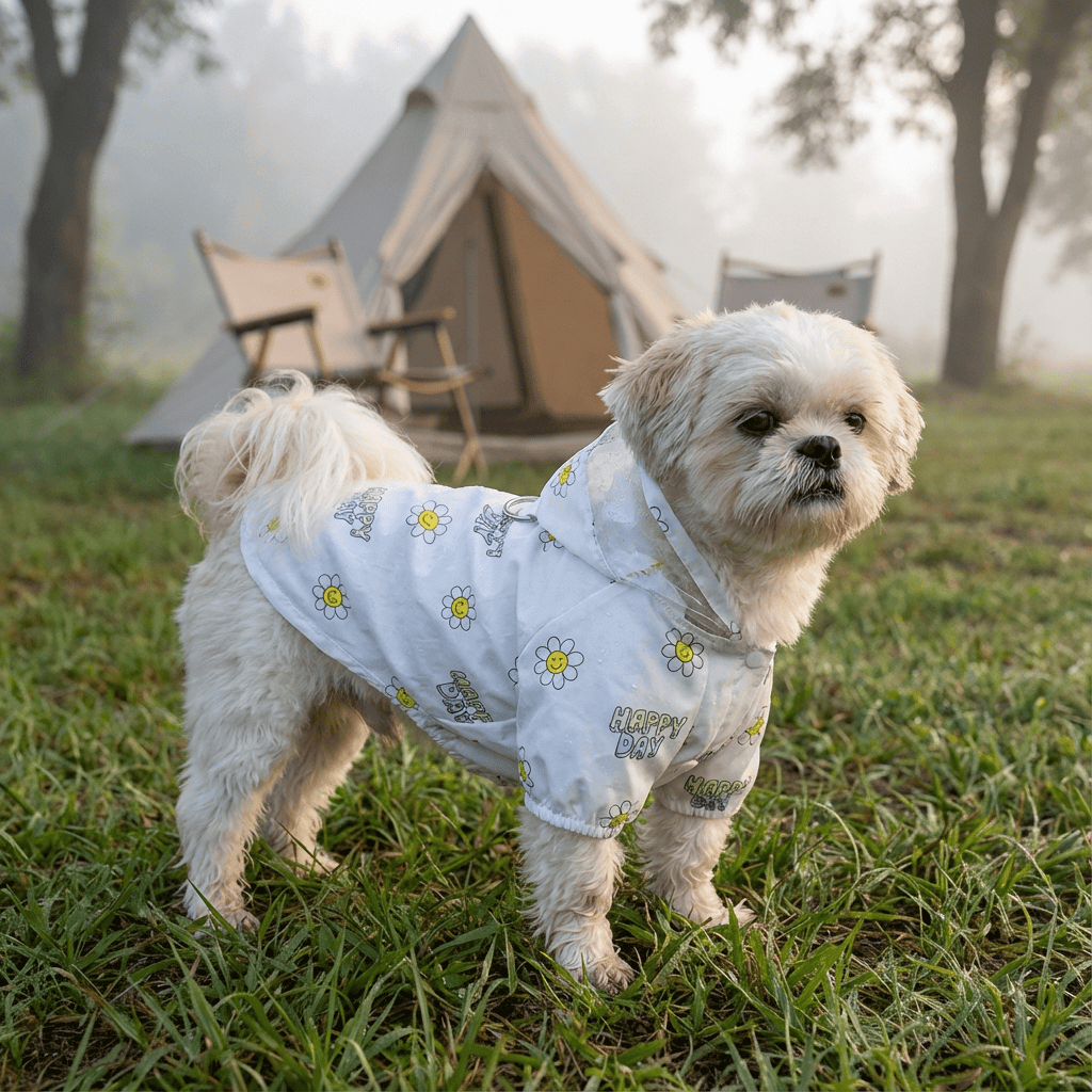 Crystal Clear Hooded Dog Raincoat on a small dog outdoors, showcasing its stylish design and functionality for rainy adventures.