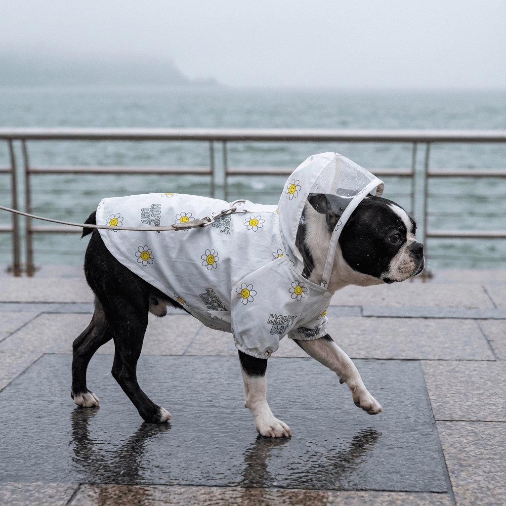 Boston Terrier wearing a Crystal Clear Hooded Dog Raincoat with flowers, perfect for rainy adventures.