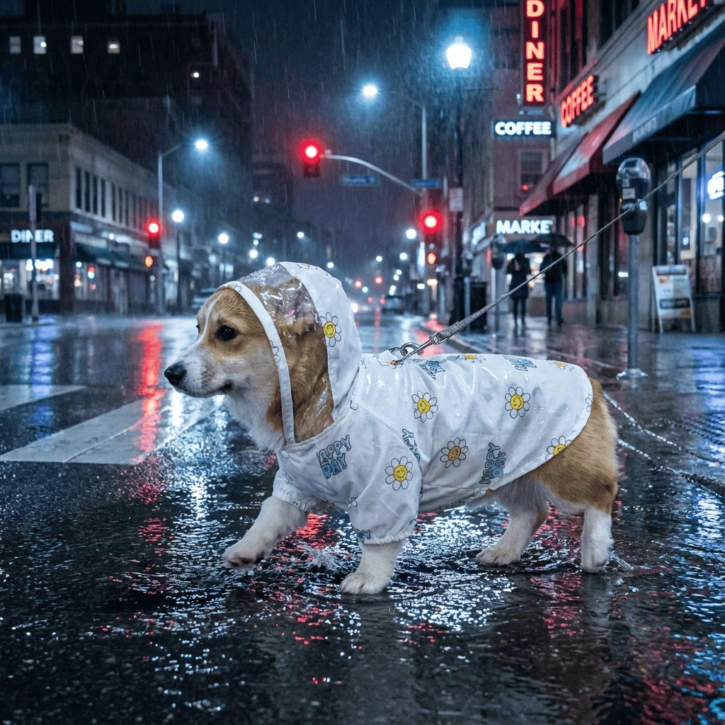 Crystal Clear Hooded Dog Raincoat on a Corgi walking in the rain with a stylish design and transparent features.