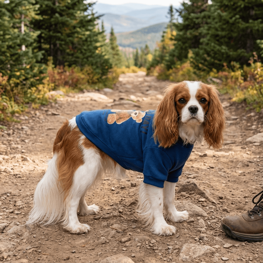 CuddleBear Pet Sweater on a Cavalier King Charles Spaniel in a nature trail, featuring teddy bear design for dogs.
