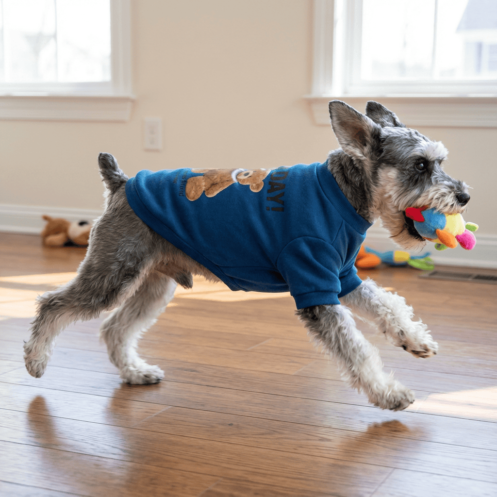 CuddleBear Pet Sweater on a small dog, featuring plush teddy bear design for warmth and style in winter.