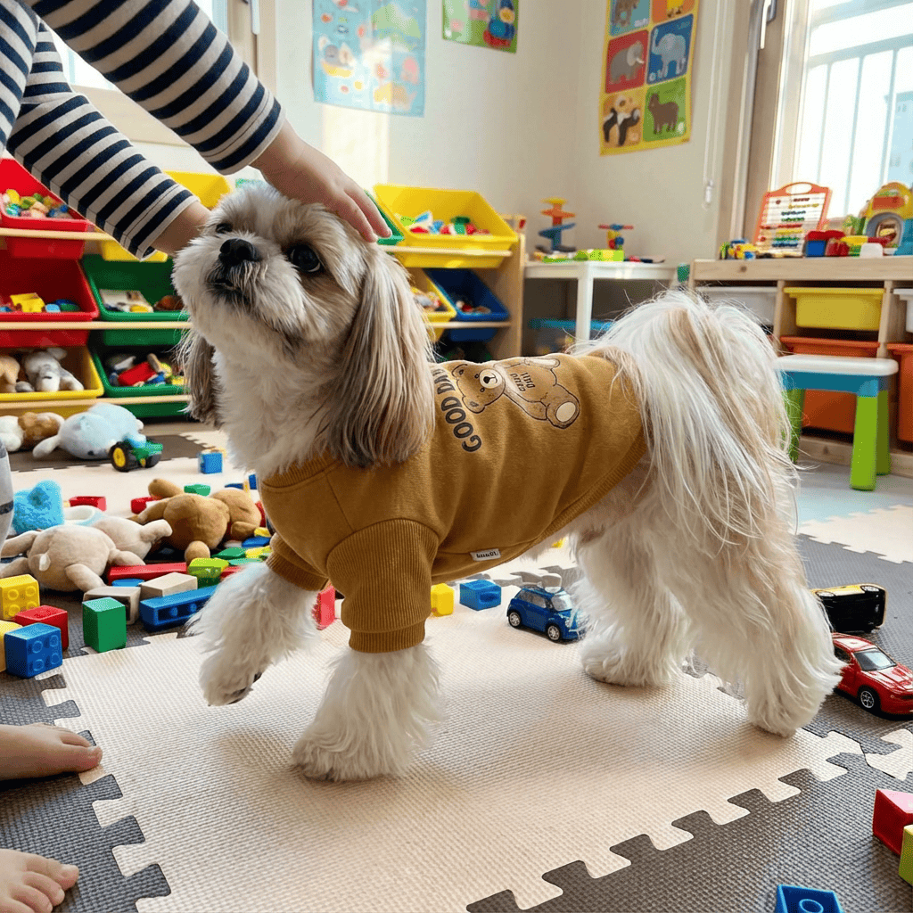 CuddleBear Pet Sweater on a small dog, featuring teddy bear design, perfect for comfort and warmth for dogs and cats.