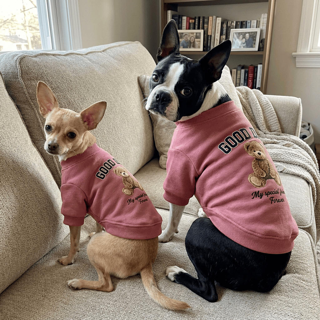 CuddleBear Pet Sweater on small dogs, featuring plush teddy bear design, perfect for cats and dogs, by Dogs & Cats.