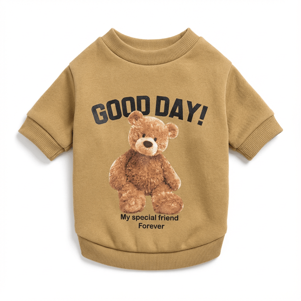 CuddleBear Pet Sweater, plush teddy bear design, cozy outfit for Dogs & Cats, keeps pets warm and cute.