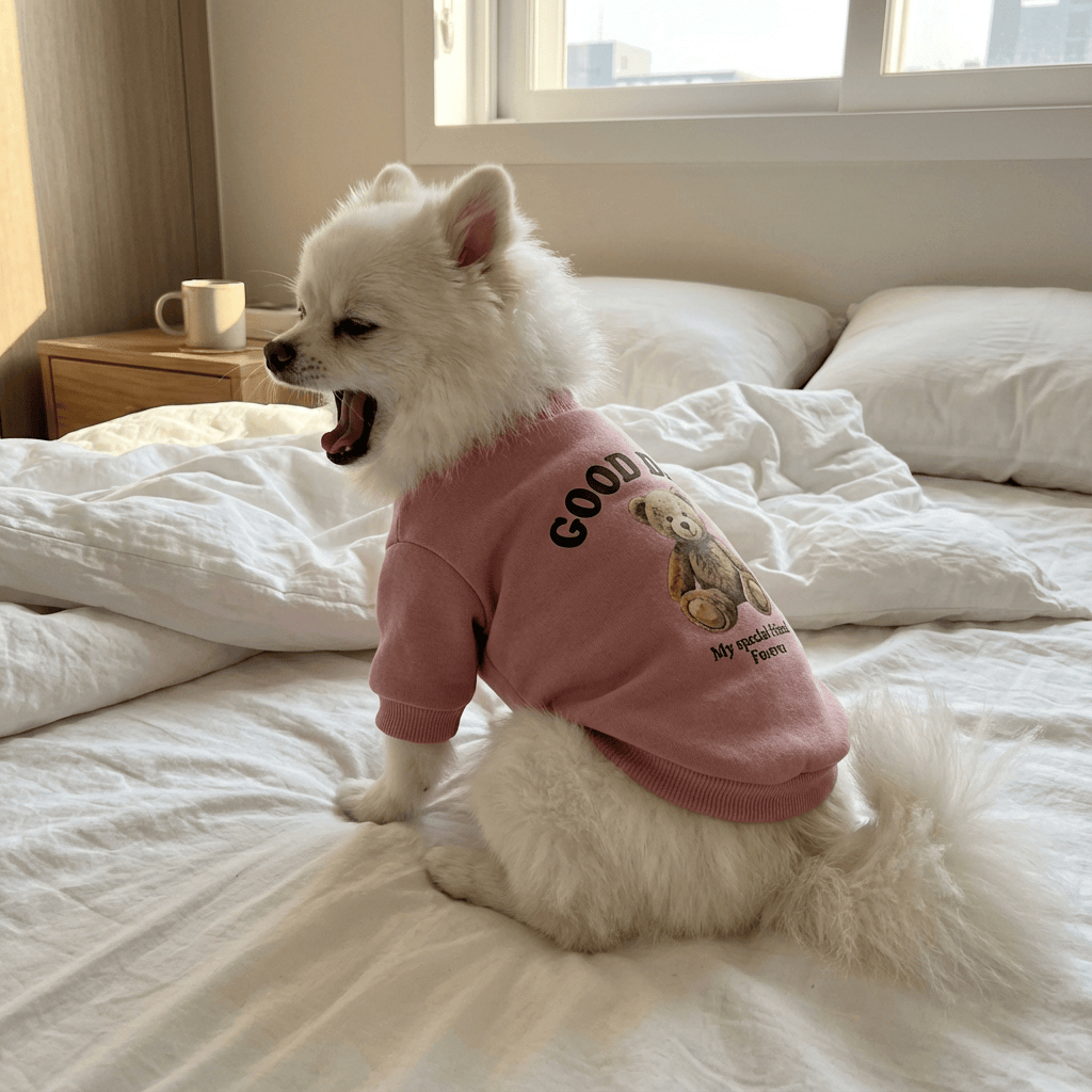 CuddleBear Pet Sweater on a small dog yawning, showcasing warmth and cuteness, ideal for winter wear for dogs and cats.