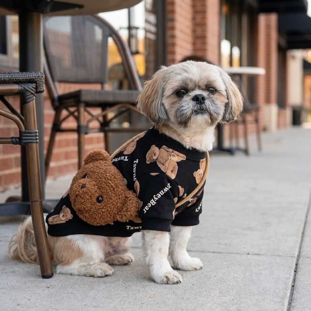 Cuddly Bear Backpack And Sweater on a dog, featuring breathable lightweight material and stylish short sleeves by Dogs & Cats.