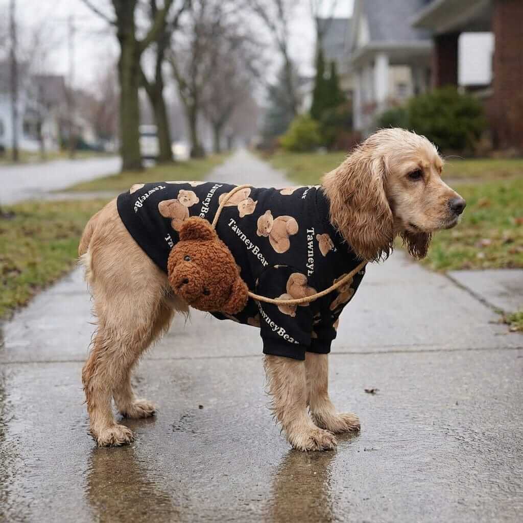 Cuddly Bear Backpack And Sweater worn by a golden retriever, featuring breathable short sleeves and a cozy design by Dogs & Cats.