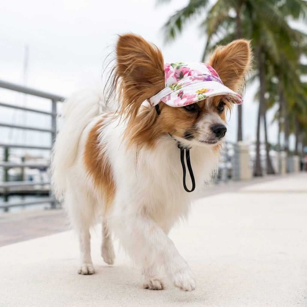 Dog wearing a Cut Out Dog Baseball Cap with floral design, adjustable elastic strap, stylish dog accessory from Dogs & Cats.