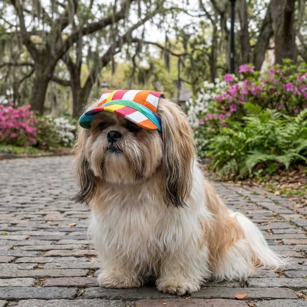 Cut Out Dog Baseball Cap on a stylish dog outdoors surrounded by vibrant flowers, featuring adjustable strap and soft lining.