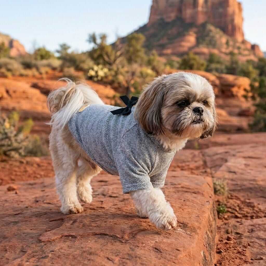 Cute & Comfortable Bow Tie Pet T-shirt on a dog outdoors, breathable, perfect for light cold days, by Dogs & Cats.