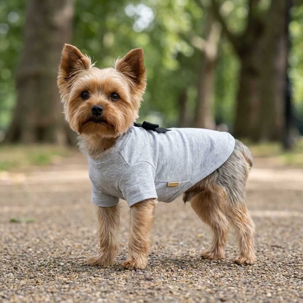 Cute & Comfortable Bow Tie Pet T-shirt on a small dog outdoors, showcasing its breathable, unique design.
