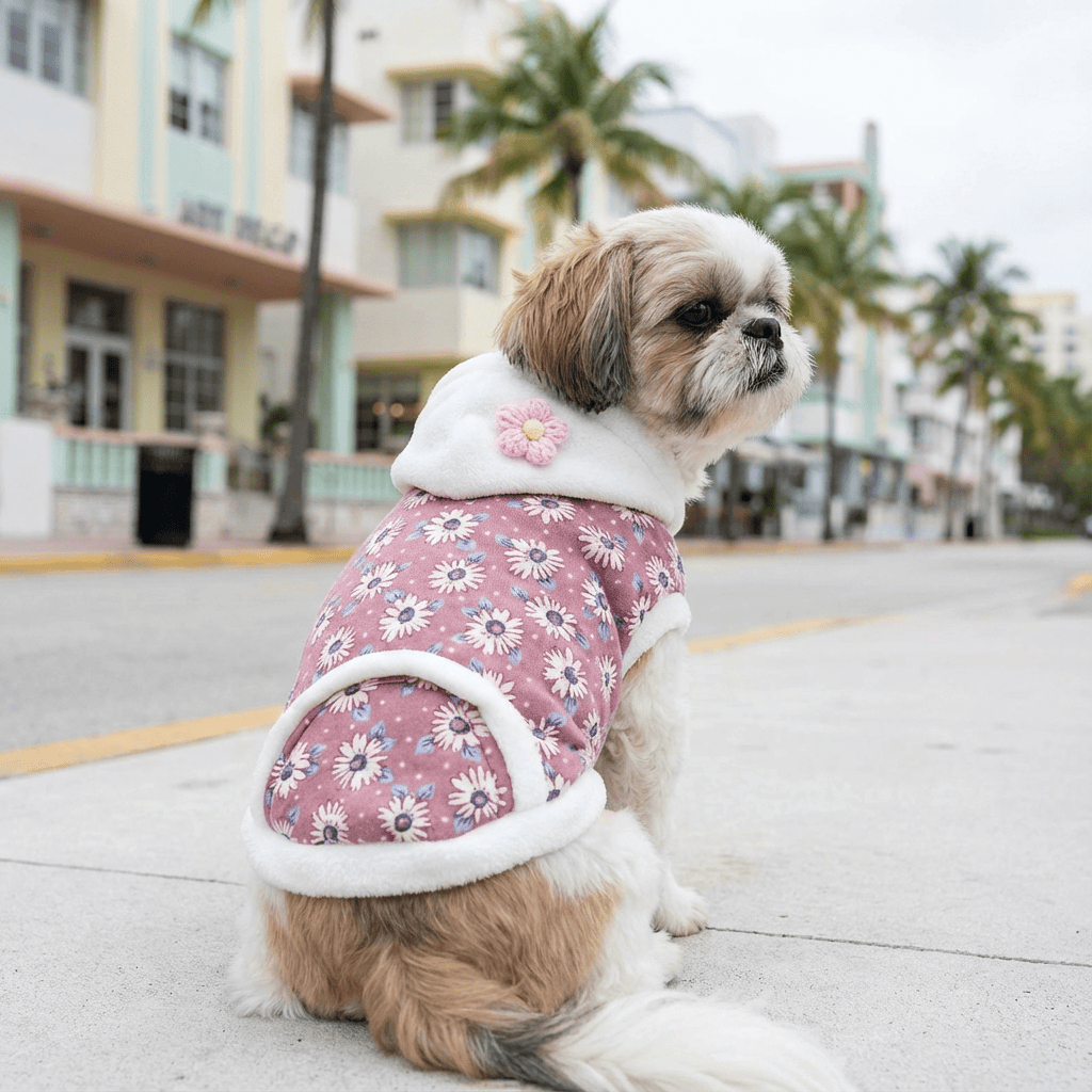 Daisy Flower Two-legged Dog Coat on a dog showing hooded design with flower detail, perfect for winter warmth from Dogs & Cats.