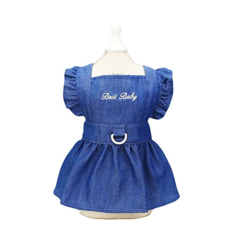 Denim Dog Dress Harness featuring a stylish jean skirt and comfortable fit for small dogs by Dogs & Cats brand.