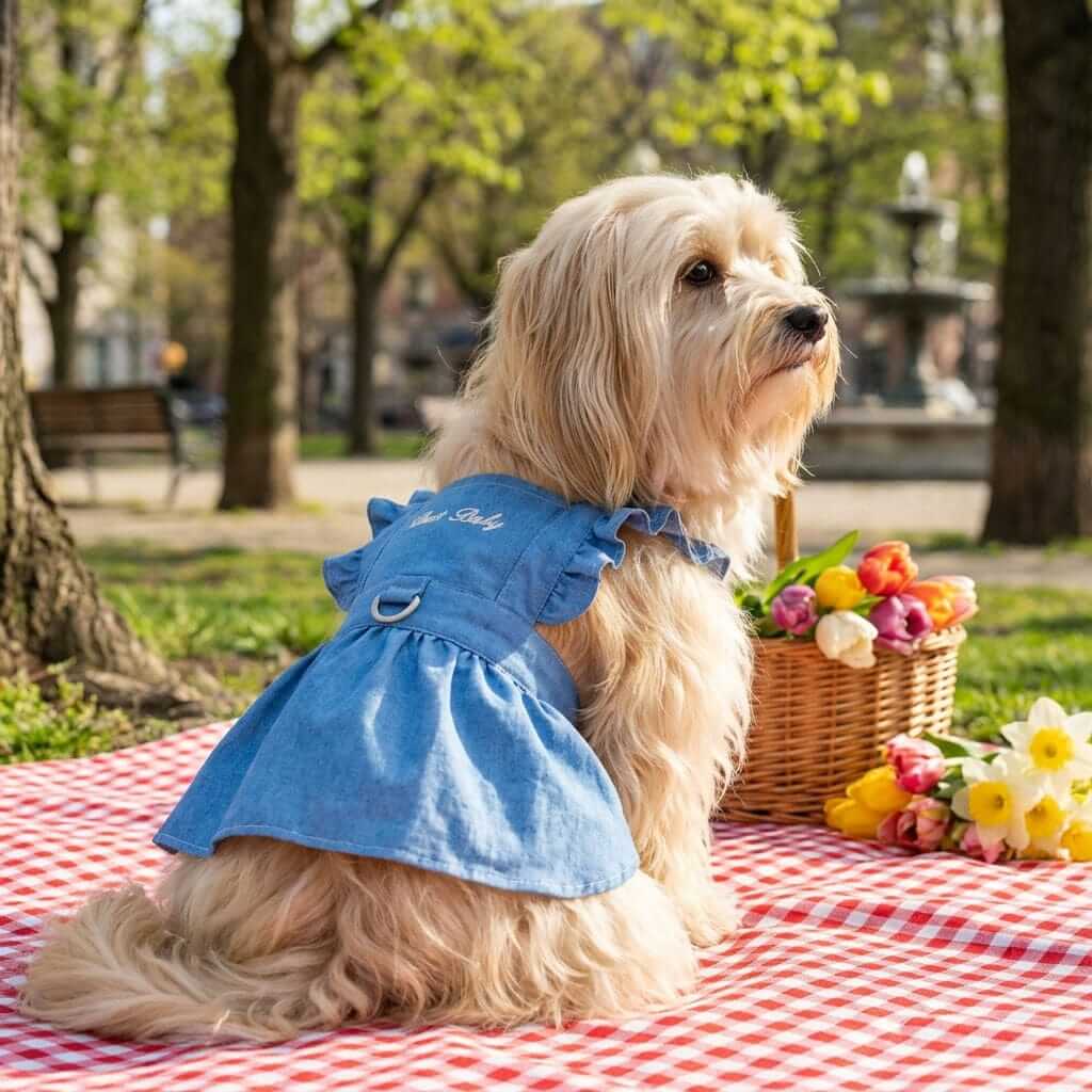 Denim Dog Dress Harness on a small dog in a park, featuring ruffles and a comfortable fit for dogs. Ideal for Dogs & Cats brand.