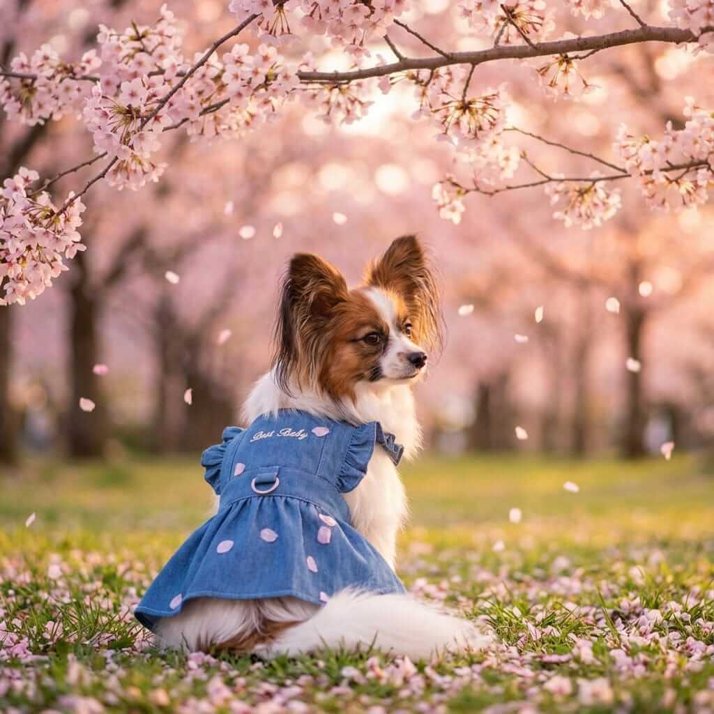 Denim Dog Dress Harness on a small dog in a blooming cherry blossom park, featuring stylish design and comfort for pets.