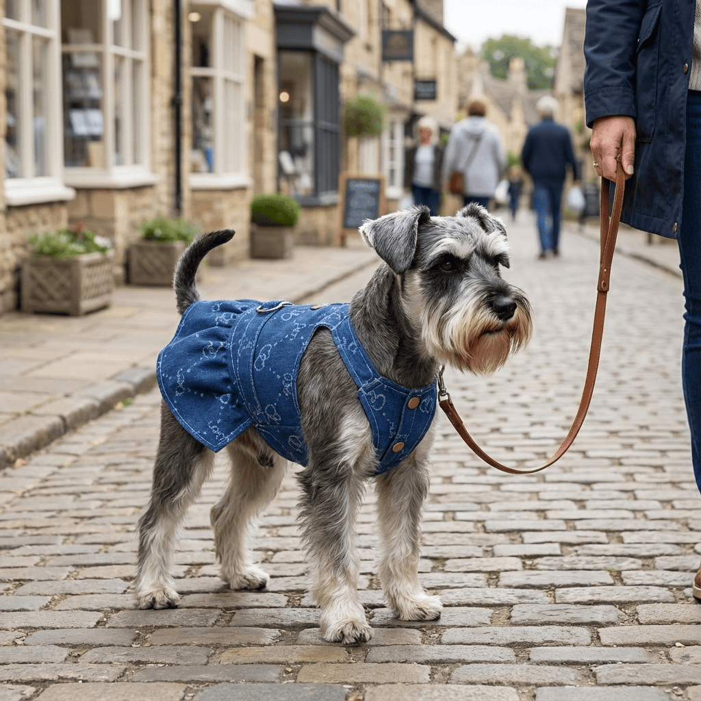 Small dog in denim dress on a street, showcasing the Denim Princess Dog Dress by Dogs & Cats brand for stylish pets.
