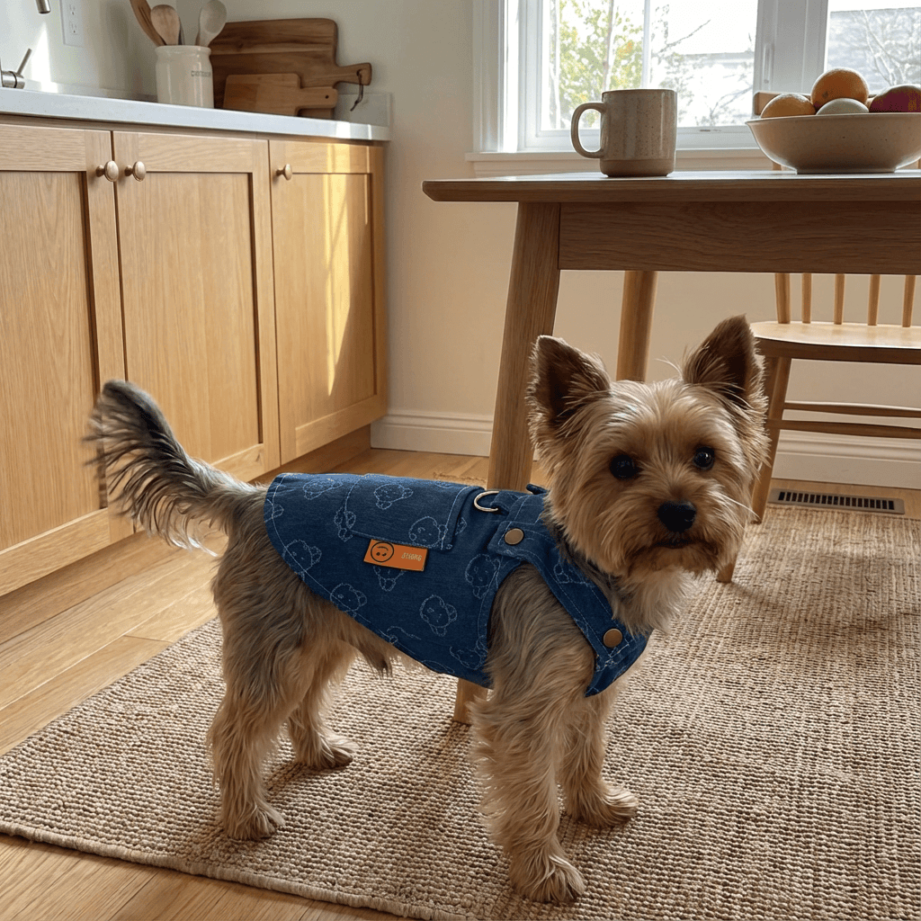 Small dog wearing a Denim Princess Dog Dress by Dogs & Cats brand, showcasing denim fabric and stylish design in a home setting.