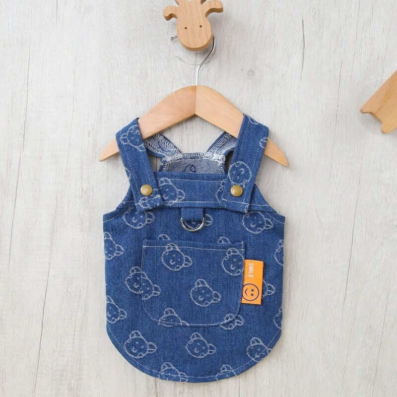 Denim Princess Dog Dress on a hanger, featuring adorable design, perfect for small dogs by Dogs & Cats brand.