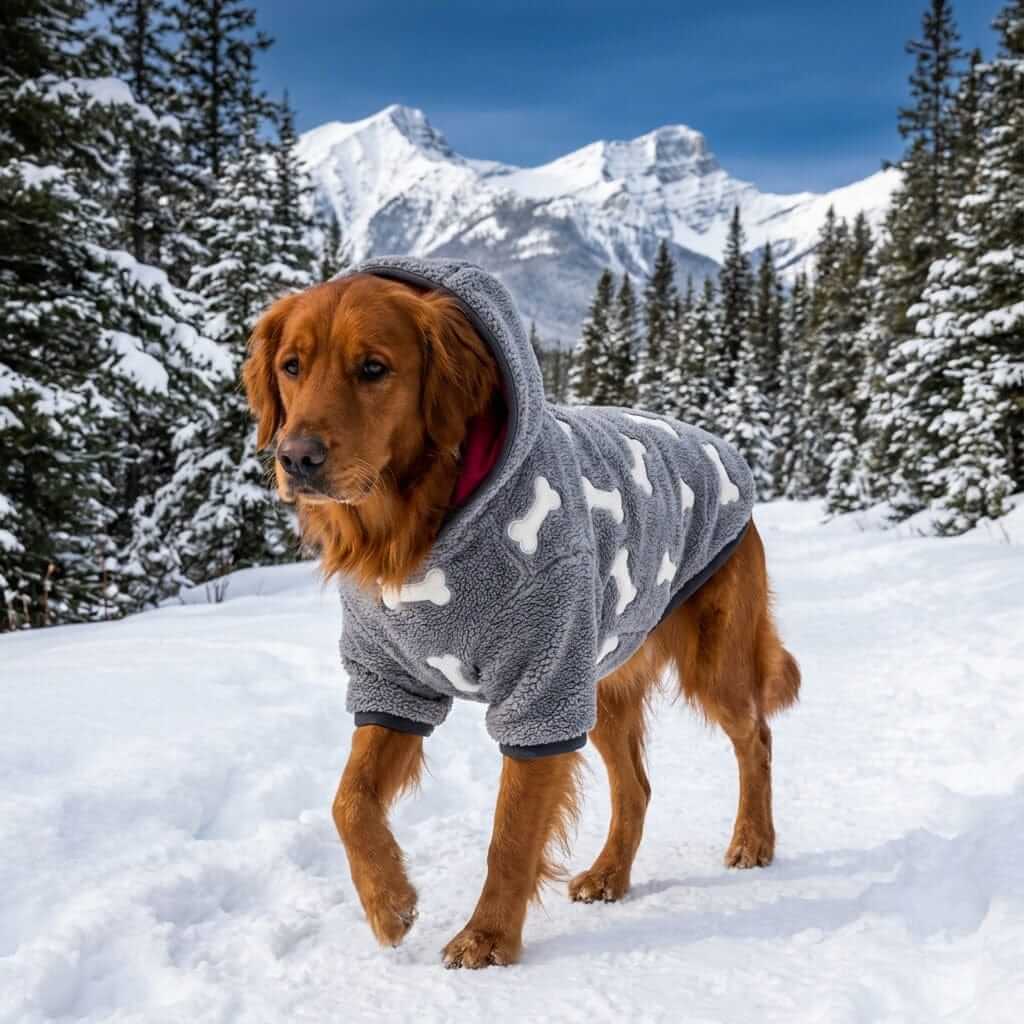 Detachable Double-sided Dog Winter Coat on a golden retriever in snowy mountain landscape, featuring a hood and bone pattern.