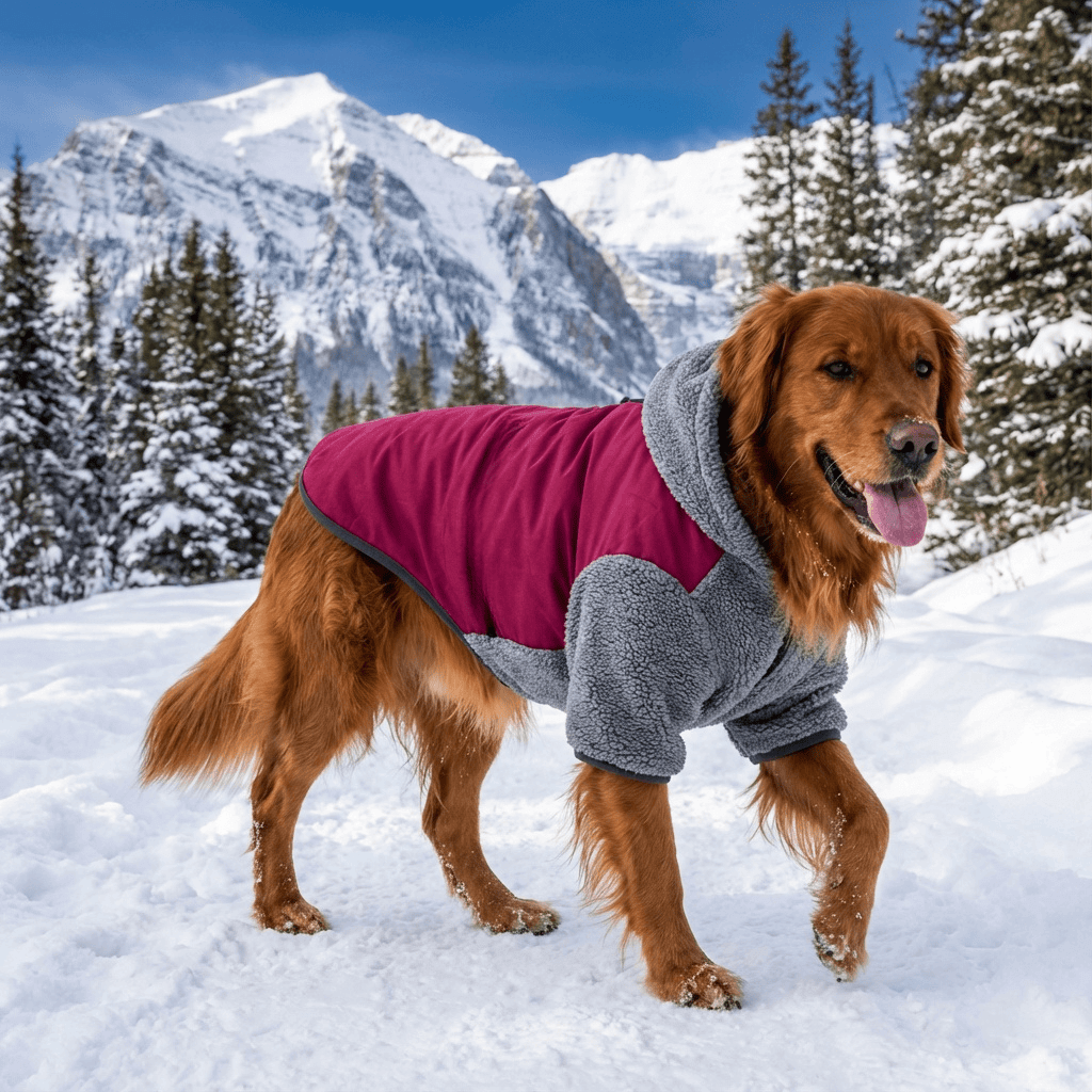 Detachable Double-sided Dog Winter Coat on a golden retriever in snow, showcasing winter warmth and comfort for Dogs & Cats.