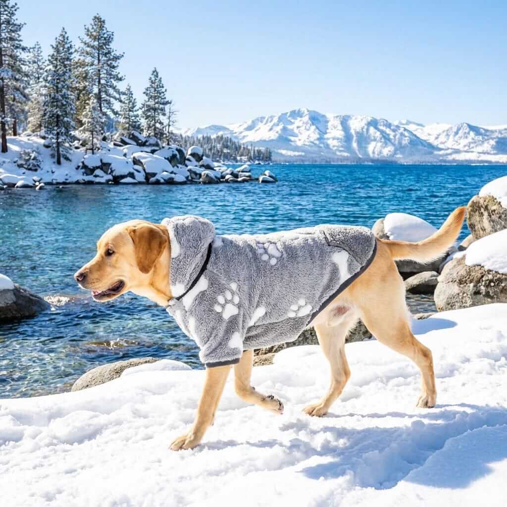 Detachable Double-sided Dog Winter Coat on a Labrador dog walking in snow, featuring a soft hood and comfort design for Dogs & Cats.