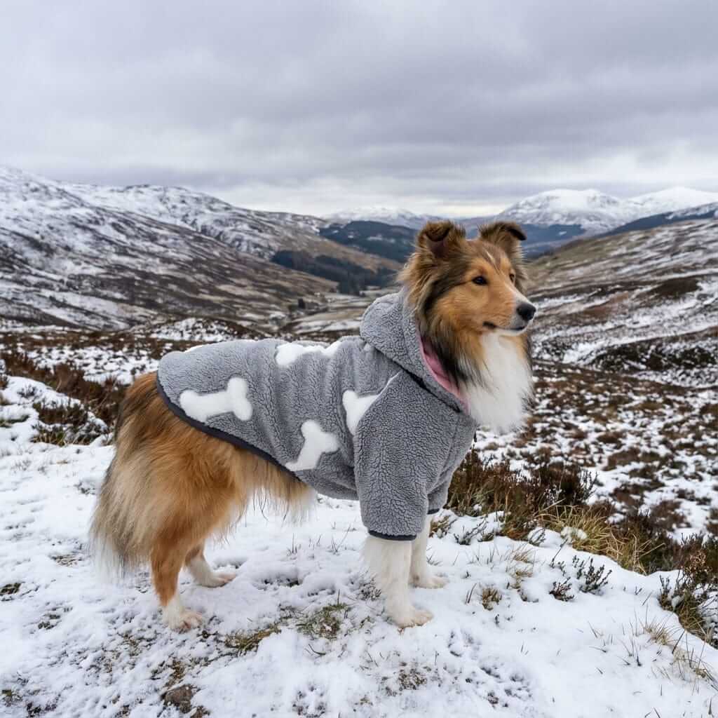 Detachable Double-sided Dog Winter Coat for Dogs & Cats, gray with bone pattern, warm, breathable, hooded design.