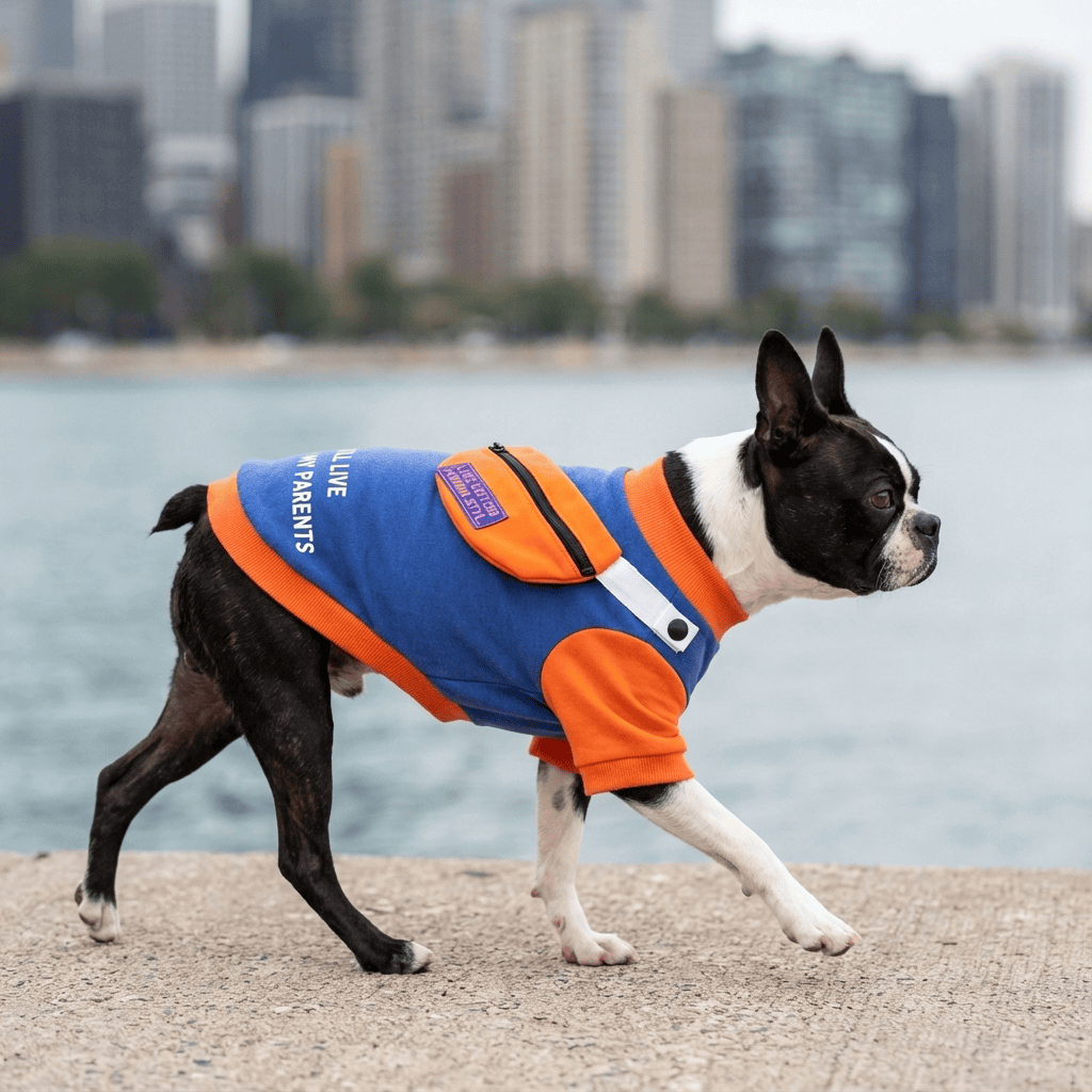 Detachable School Bag Dog Sweater on a Boston Terrier, featuring short sleeves, cotton material, and breathable fabric.