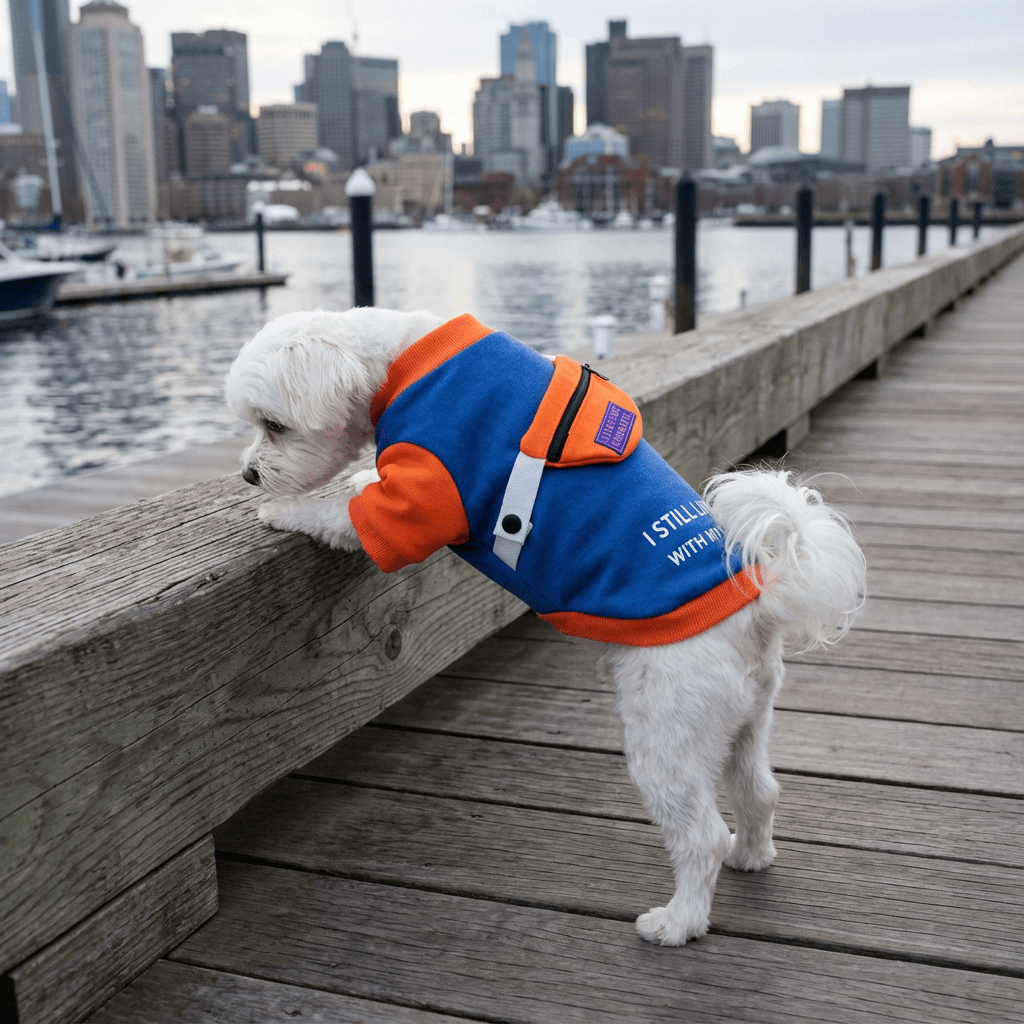 Detachable School Bag Dog Sweater on a small dog by the harbor, featuring short sleeves, breathable fabric, and warm comfort.