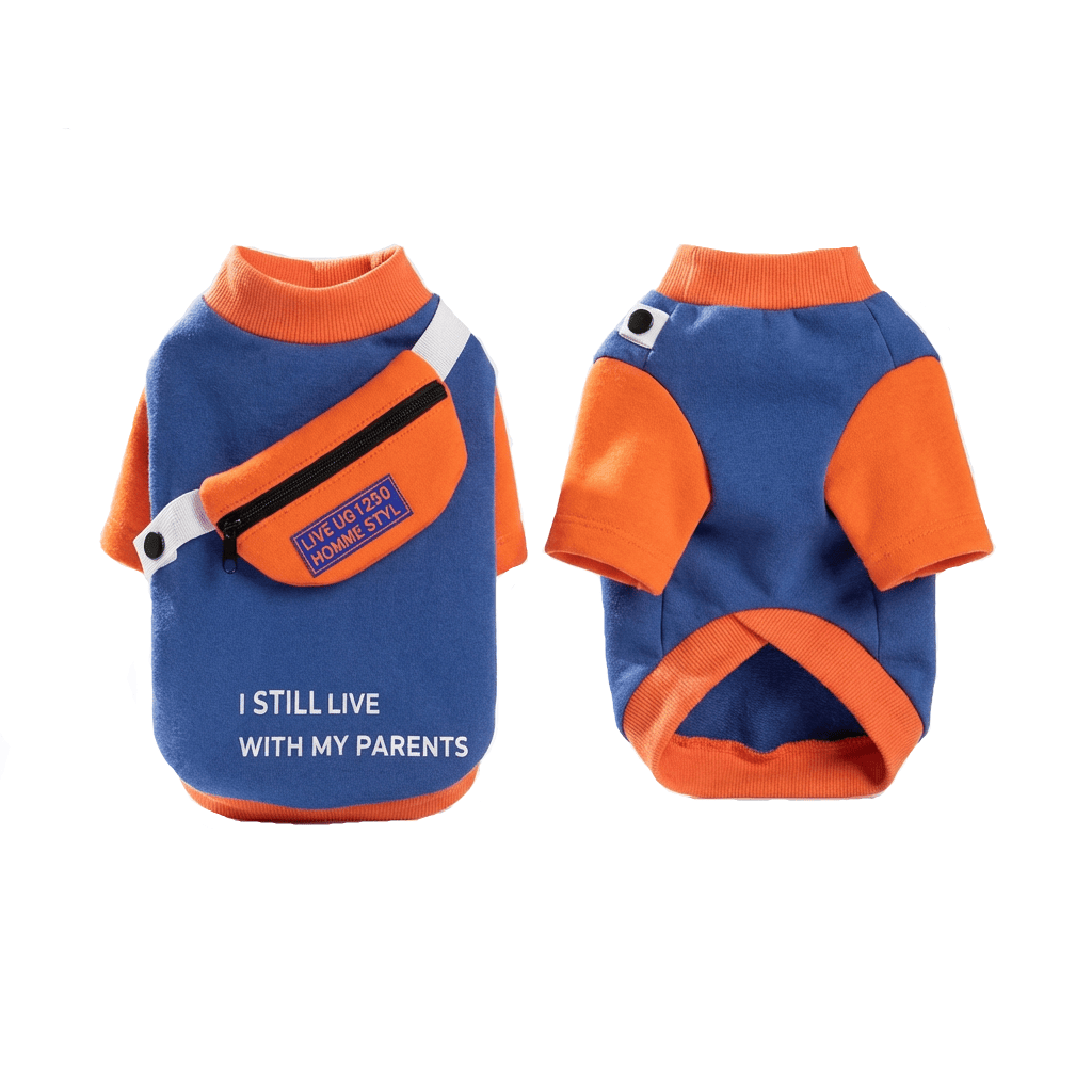 Detachable School Bag Dog Sweater featuring short sleeves, breathable fabric, and Dogs & Cats branding for comfort.