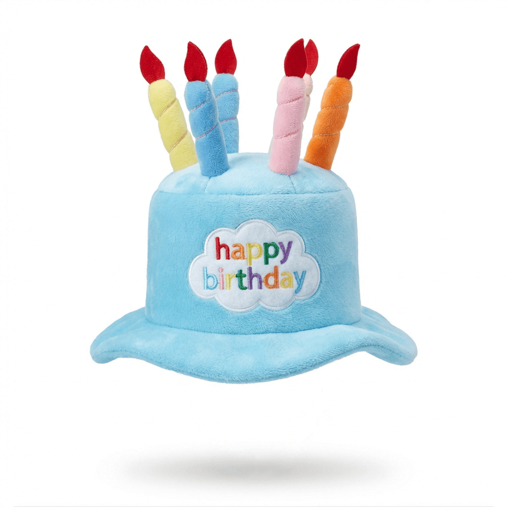 Dog Birthday Cake Hat with colorful candles, perfect for birthday parties for dogs by Dogs & Cats.