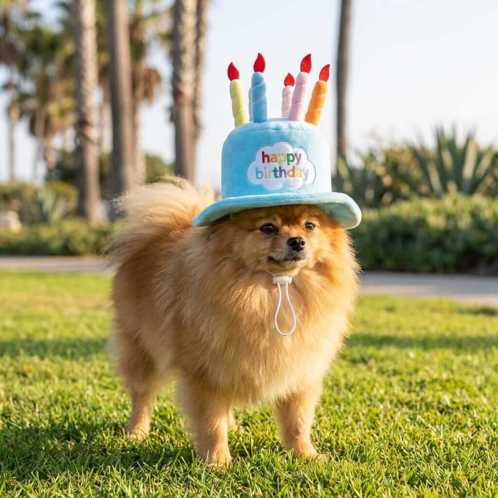 Dog Birthday Cake Hat on a Pomeranian in a sunny park, features secure ear straps and adjustable toggle, perfect for celebrations.
