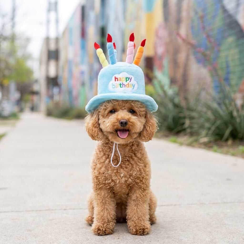 Dog Birthday Cake Hat on a happy dog, featuring colorful candles and ear straps for a secure fit by Dogs & Cats.