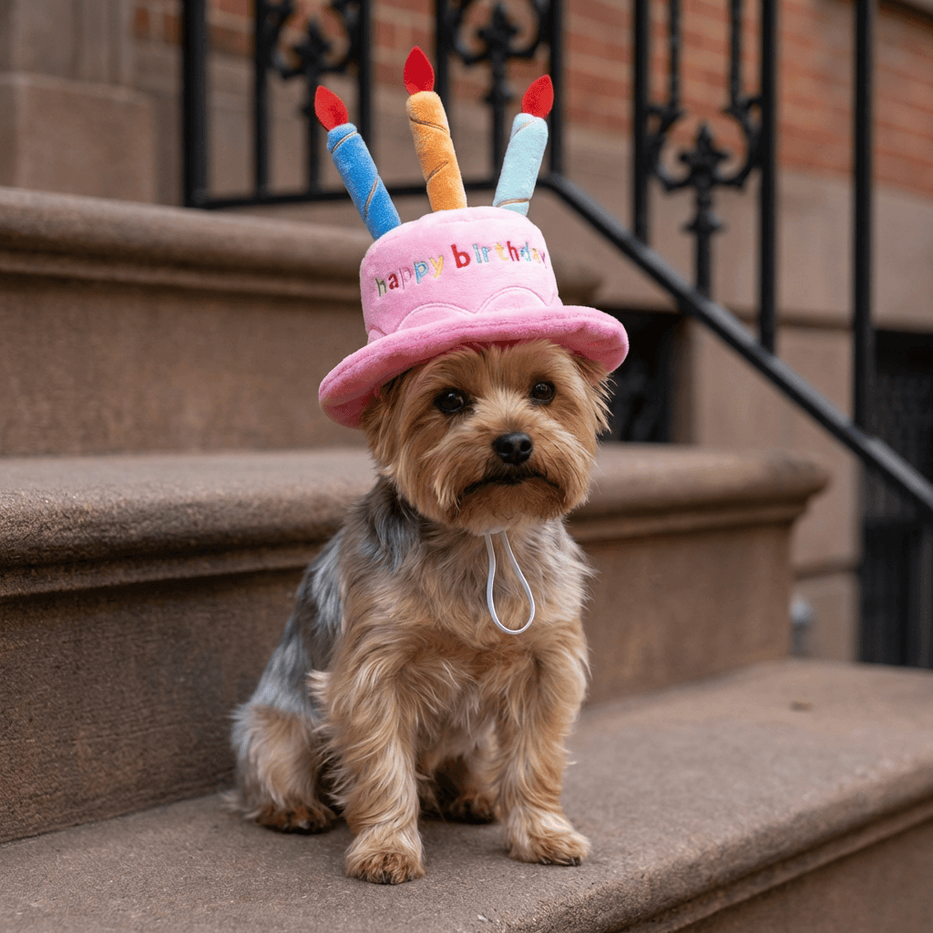 Dog Birthday Cake Hat on a Yorkshire Terrier celebrating a birthday with colorful candle decorations.