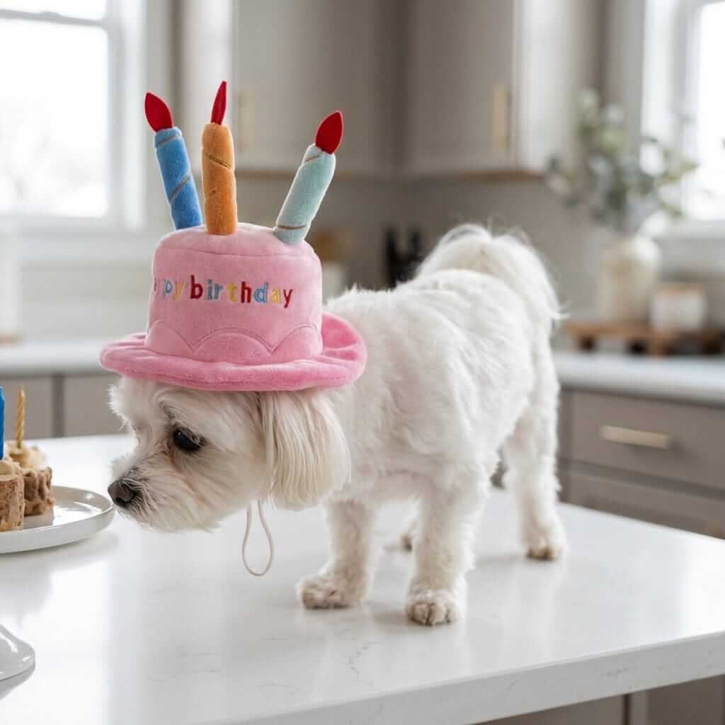 Dog Birthday Cake Hat on a white dog with birthday candles, perfect for dog birthday parties, secure fit by Dogs & Cats.