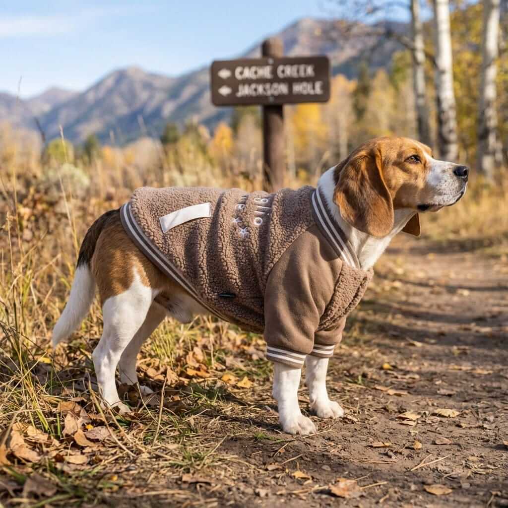 Dog Cashmere Coat on a beagle in a natural setting, providing lightweight warmth and style for dogs from Dogs & Cats.