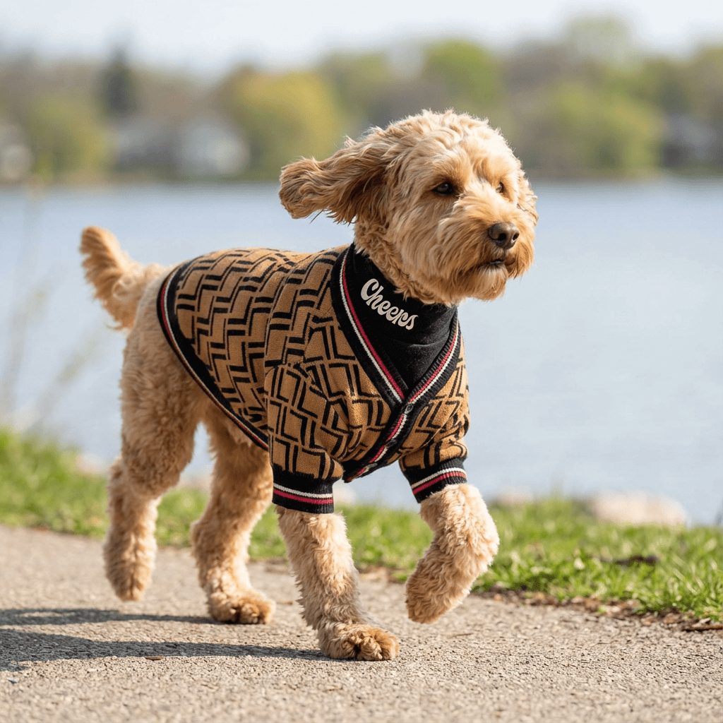 Dog Clothes Sweater featuring breathable fleece with V-neckline and short sleeves for comfort. Perfect for adventures.